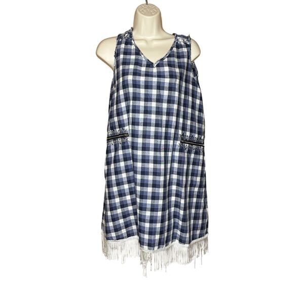 Pol Blue Plaid Embroidered Fringe Sleeveless Dress S NWOT - Picture 1 of 7